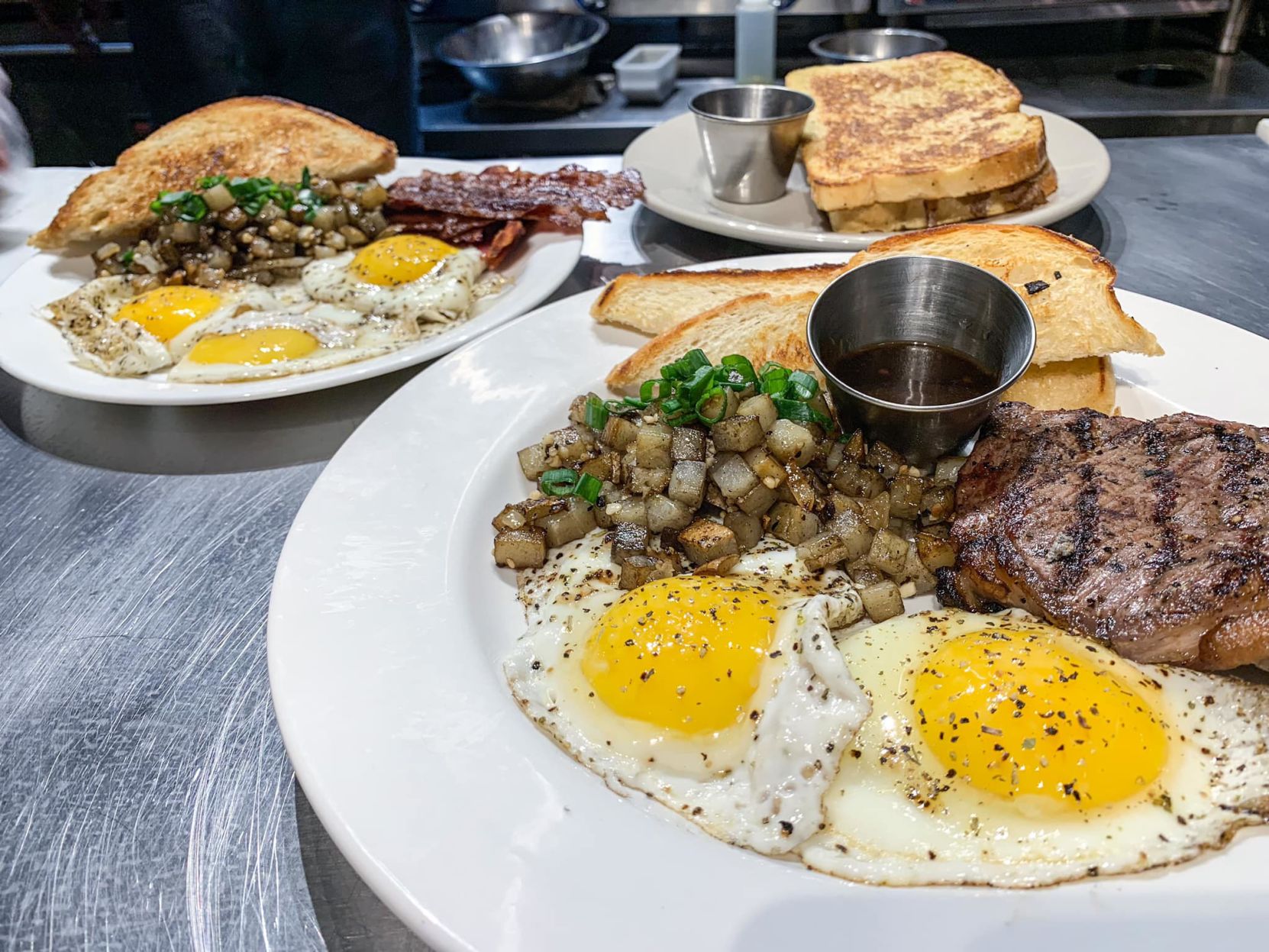 Steak and eggs, a breakfast classic menu item.
